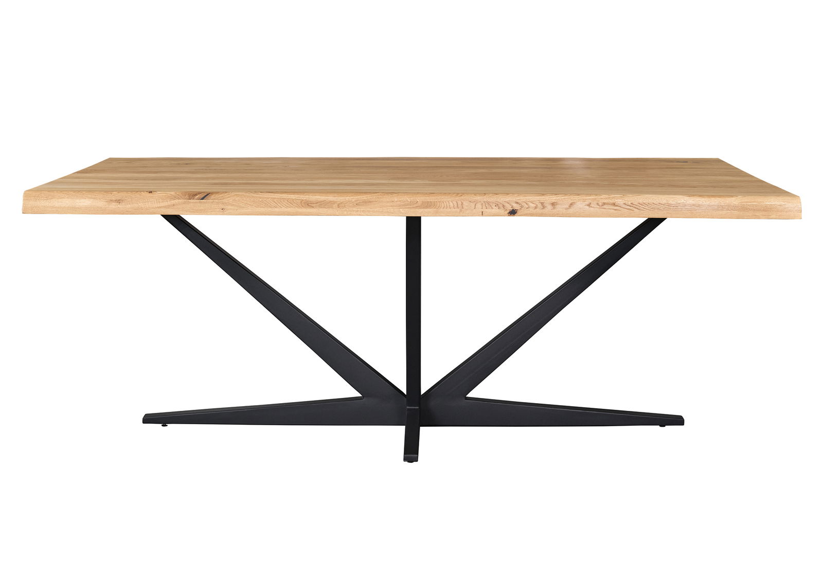 Moderner Esstisch mit Holzplatte und schwarzem Metallgestell, seitliche Perspektive