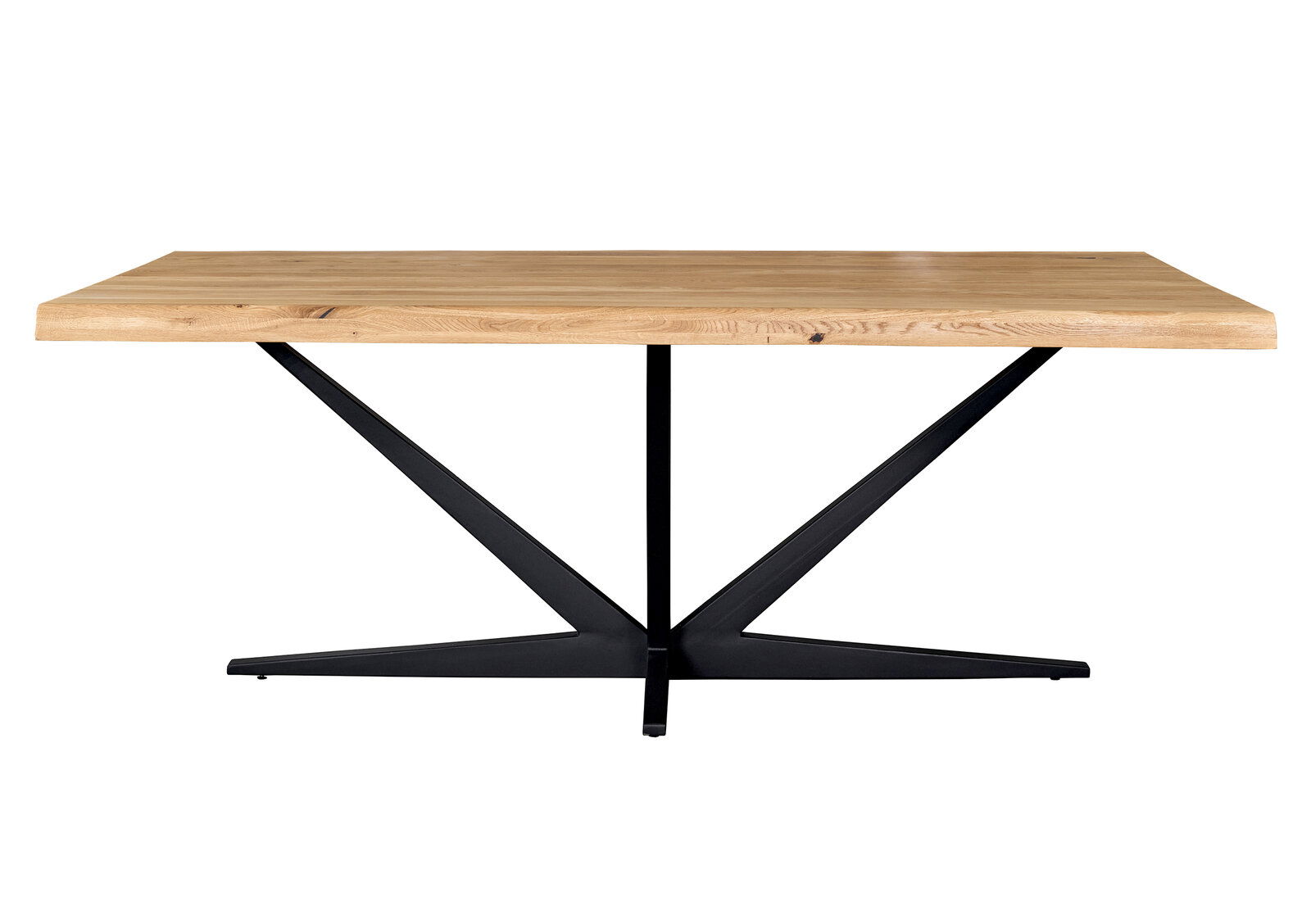 Moderner Esstisch mit Holzplatte und schwarzem Metallgestell, seitliche Perspektive