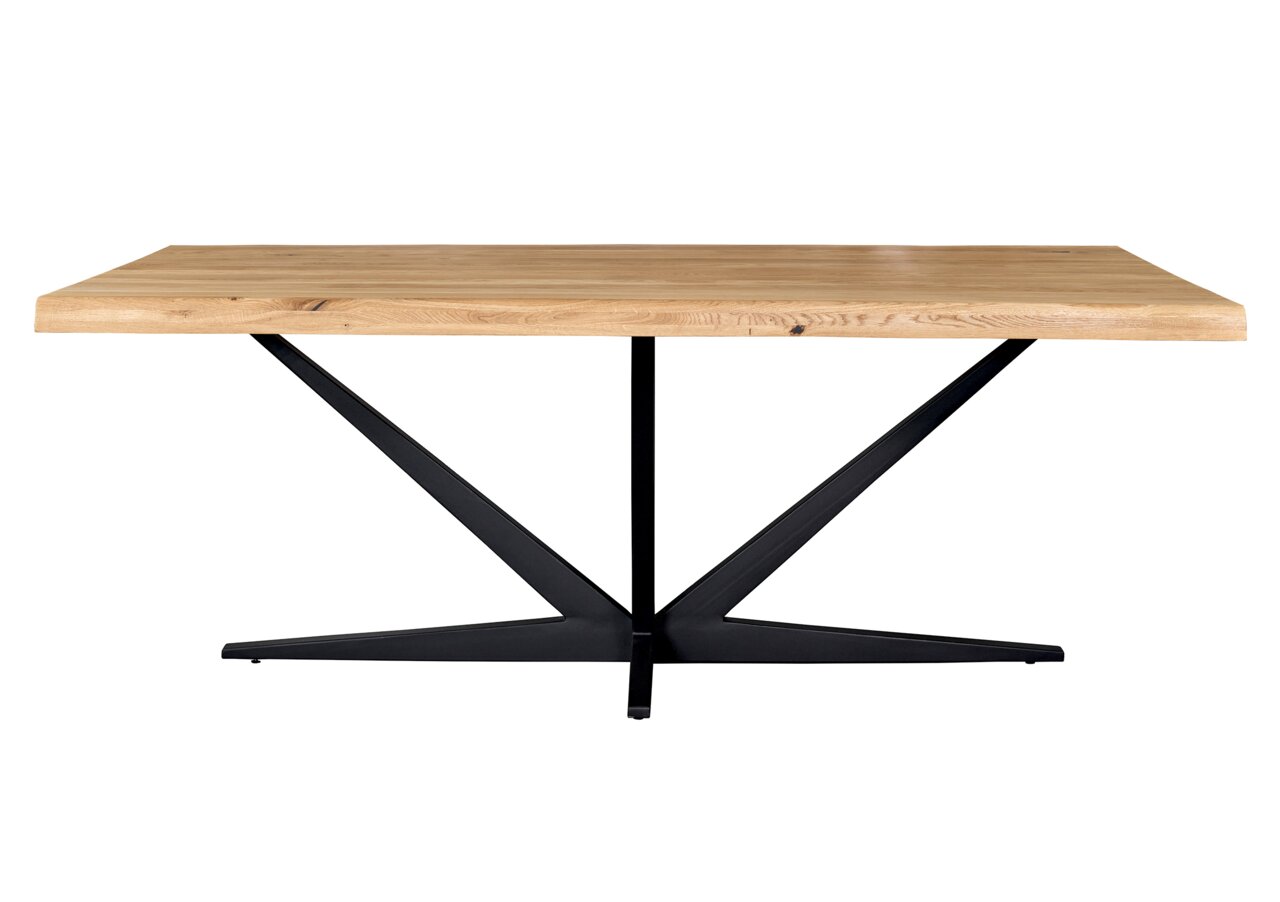Moderner Esstisch mit Holzplatte und schwarzem Metallgestell, seitliche Perspektive