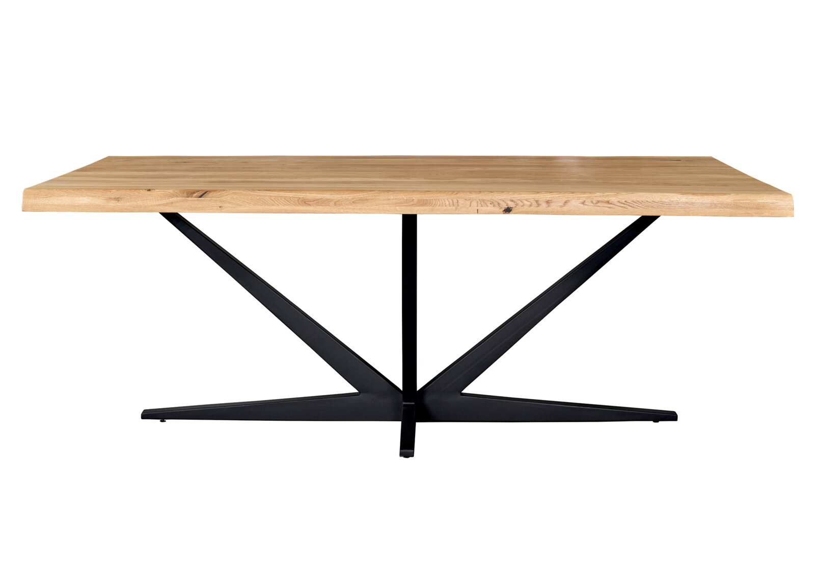 Moderner Esstisch mit Holzplatte und schwarzem Metallgestell, seitliche Perspektive