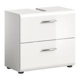 Moderner weißer Waschbeckenunterschrank mit zwei Schubladen und silbernen Griffen, seitliche Perspektive