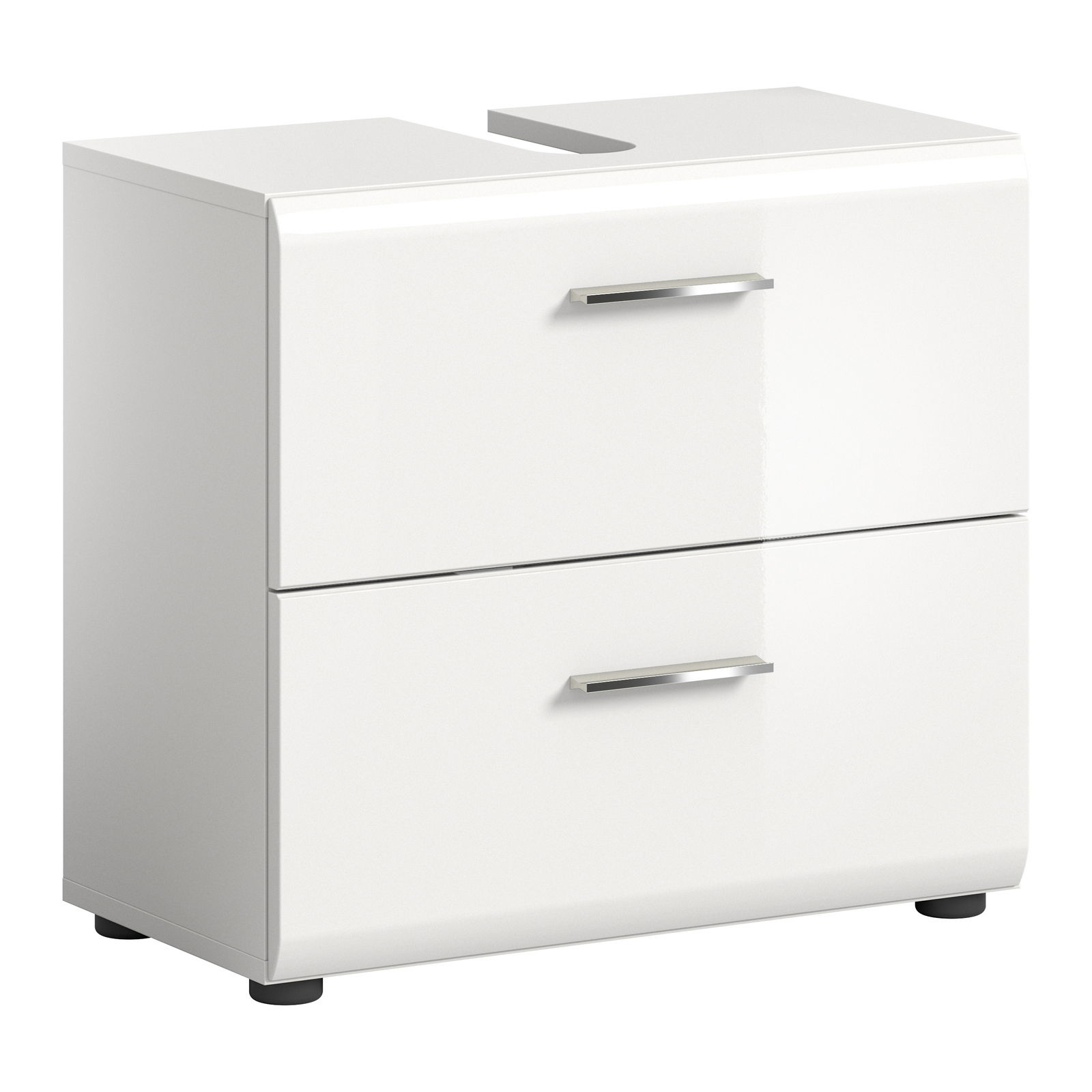 MID.YOU Waschbeckenunterschrank ICE Moderner weißer Waschbeckenunterschrank mit zwei Schubladen und silbernen Griffen, seitliche Perspektive