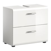 Moderner weißer Waschbeckenunterschrank mit zwei Schubladen und silbernen Griffen, seitliche Perspektive