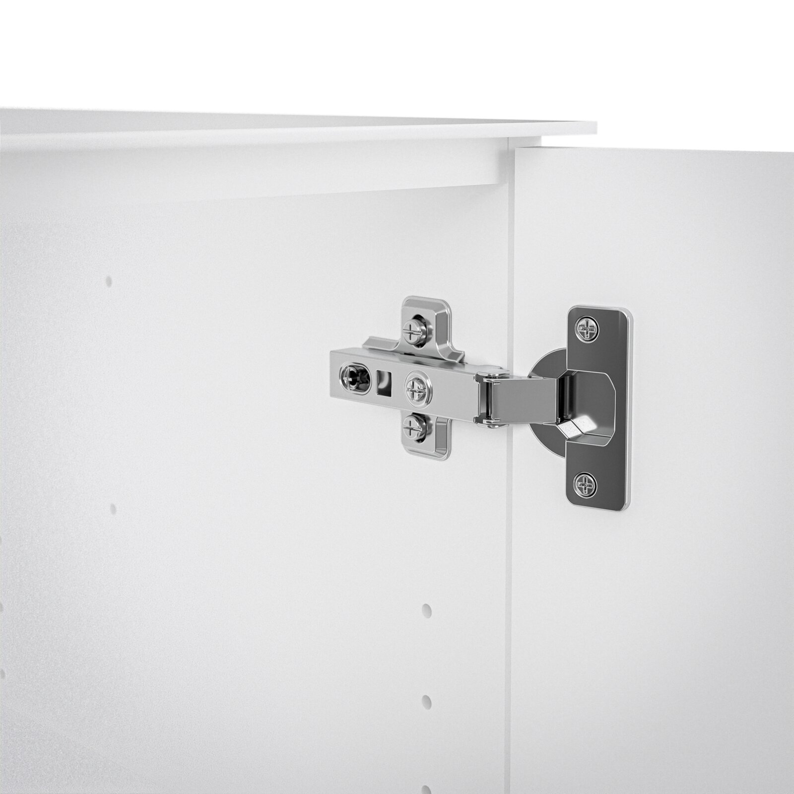 Nahaufnahme eines Scharniers an einer weißen Kommodentür, von innen betrachtet.