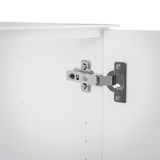 Nahaufnahme eines Scharniers an einer weißen Kommodentür, von innen betrachtet.