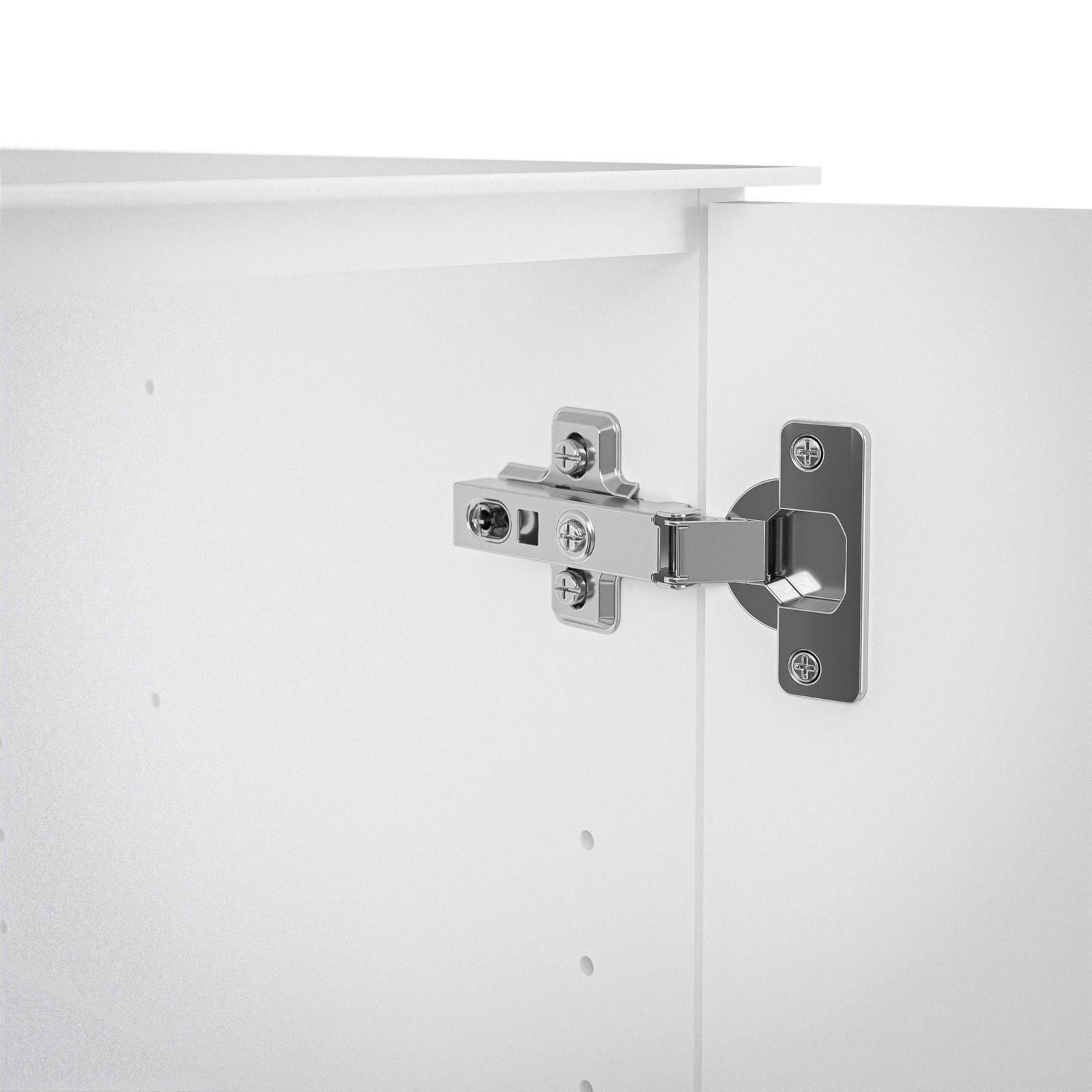 Nahaufnahme eines Scharniers an einer weißen Kommodentür, von innen betrachtet.