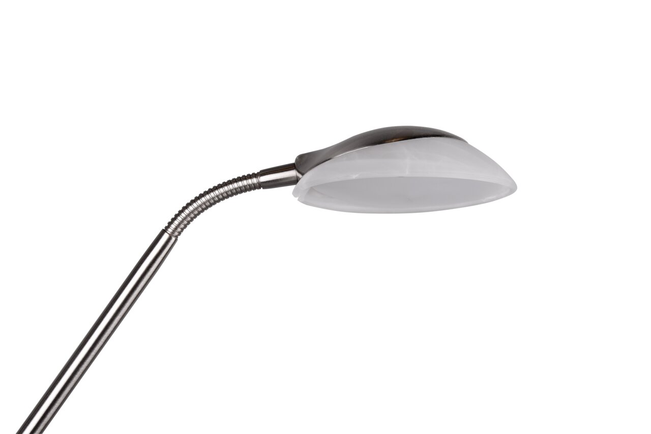 Nahaufnahme eines LED-Deckenfluters mit flexiblem Hals und modernem Design, seitliche Perspektive