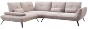 Beige hoekbank met geribbelde stoffen bekleding en zwarte metalen poten, zijaanzicht
