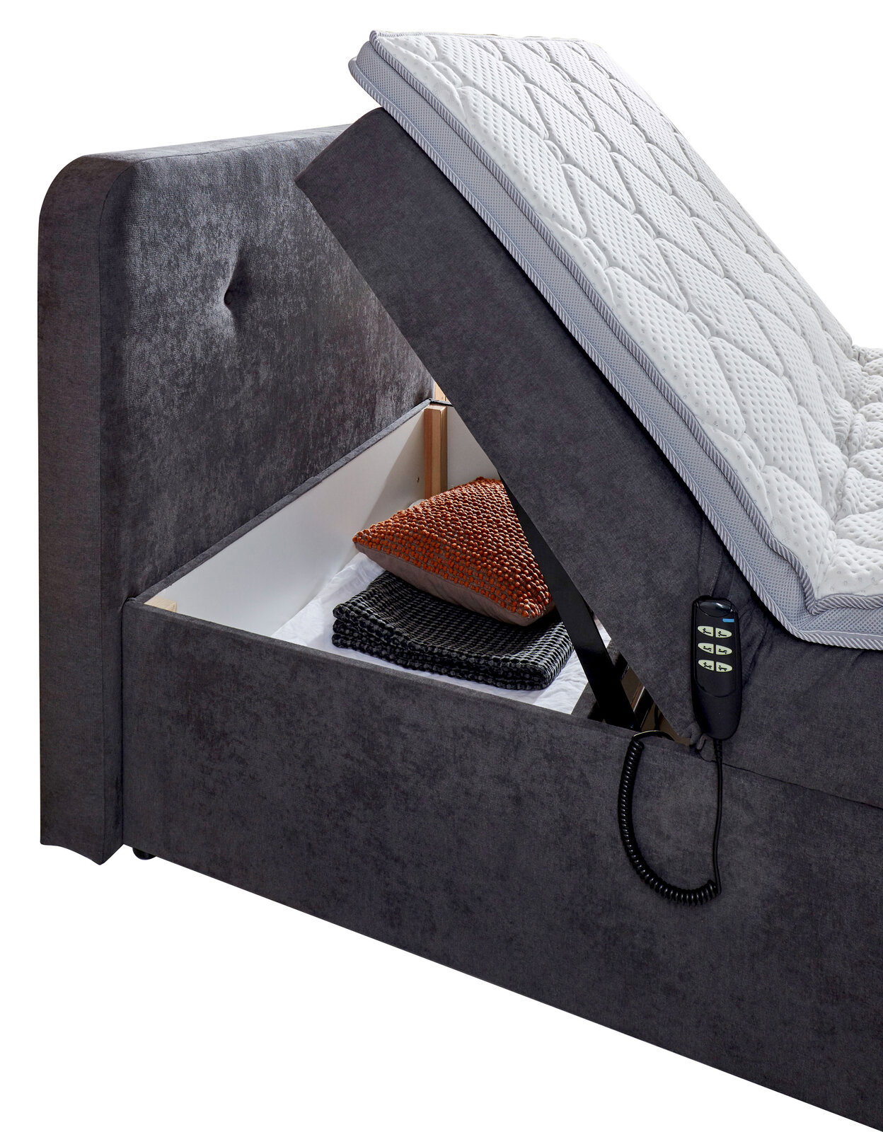 Boxbett ATHEN mit Motor, seitliche Perspektive, geöffnet mit Stauraum und Fernbedienung