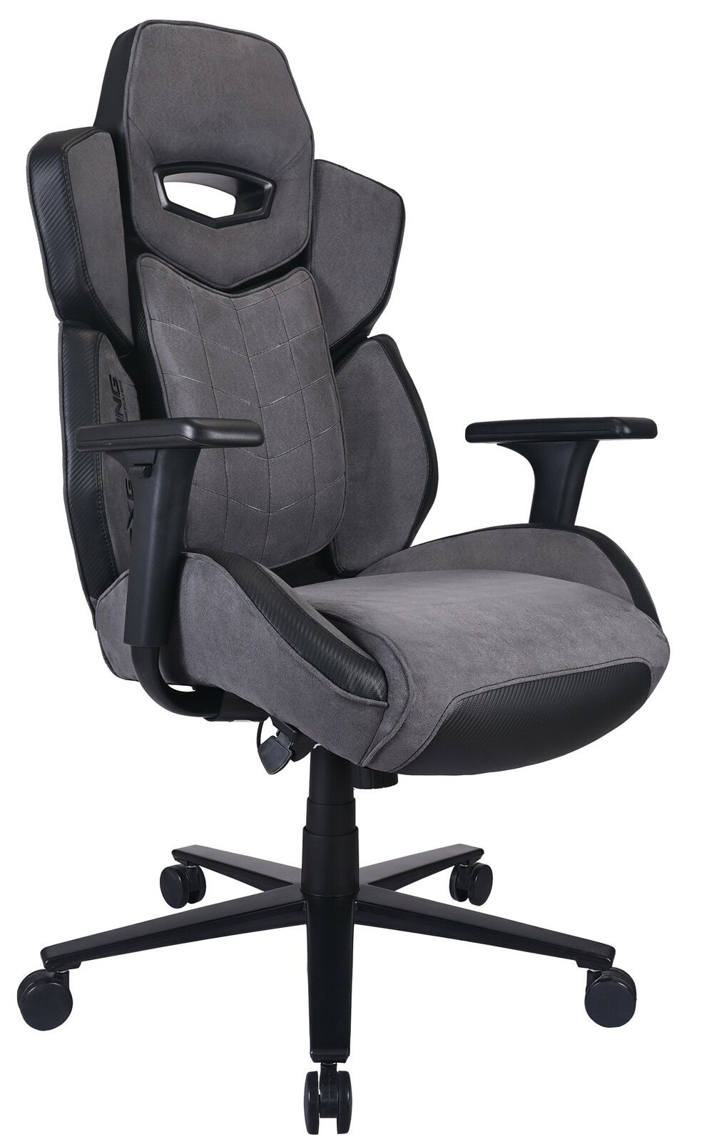 Grauer Gaming-Stuhl mit ergonomischem Design, verstellbaren Armlehnen und stabiler Basis, seitliche Perspektive