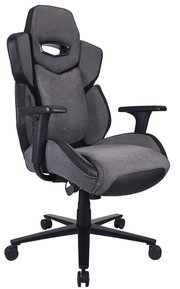 Grauer Gaming-Stuhl mit ergonomischem Design, verstellbaren Armlehnen und stabiler Basis, seitliche Perspektive