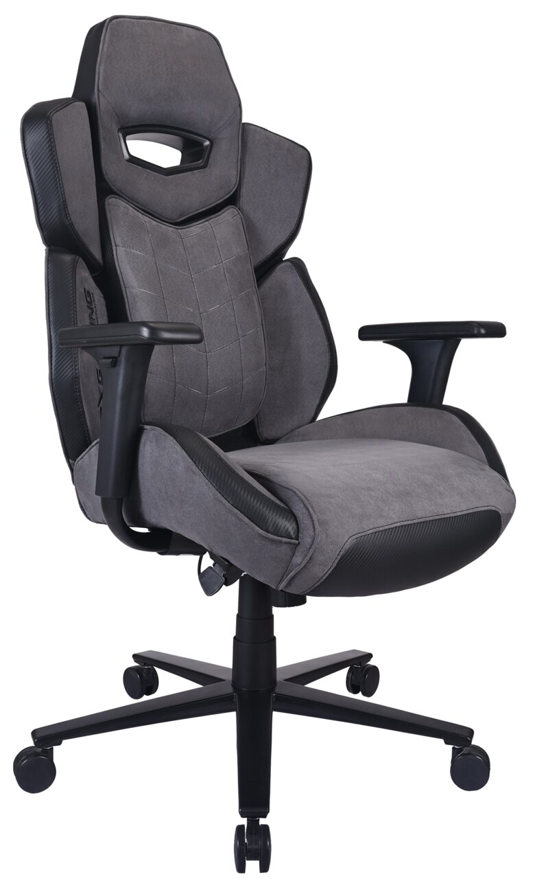 Grauer Gaming-Stuhl mit ergonomischem Design, verstellbaren Armlehnen und stabiler Basis, seitliche Perspektive