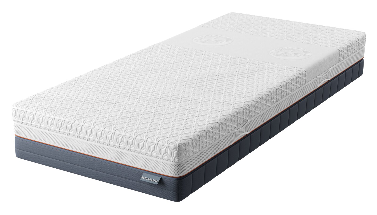 Schlaraffia Kaltschaummatratze H2 Q-SLEEP KS Schlaraffia Matratze mit weißem, strukturiertem Bezug und dunkelblauem Unterbau mit orangefarbener Akzentlinie, schräg von oben aus der Vorderansicht dargestellt
