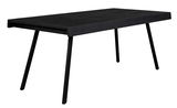 Moderner schwarzer Esstisch mit rechteckiger Tischplatte und schrägen Beinen, seitliche Perspektive