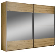 Zweiflügeliger Schwebetürenschrank mit Holz- und Spiegelelementen, seitliche Perspektive