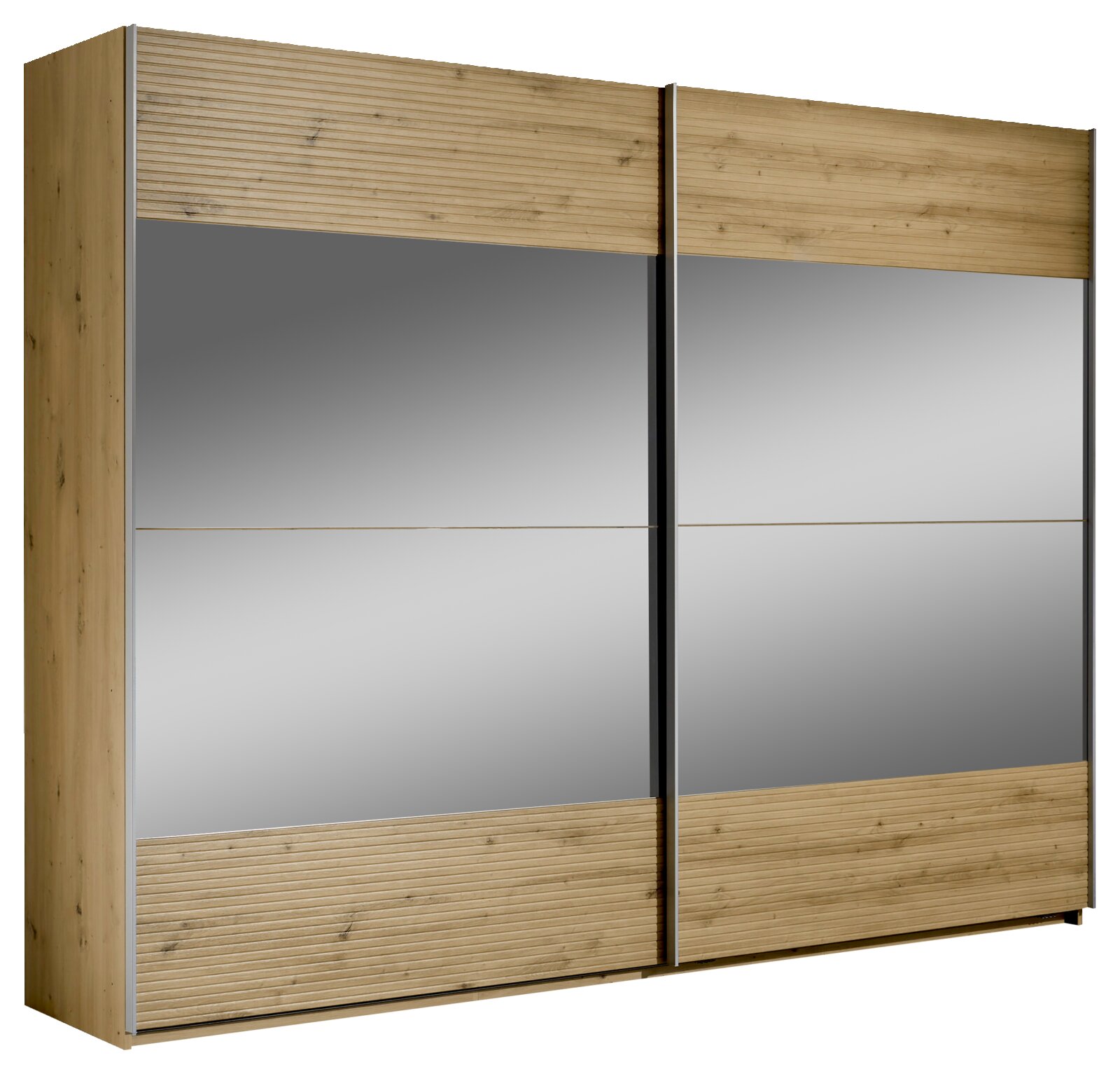 Zweiflügeliger Schwebetürenschrank mit Holz- und Spiegelelementen, seitliche Perspektive