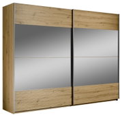 Zweiflügeliger Schwebetürenschrank mit Holz- und Spiegelelementen, seitliche Perspektive