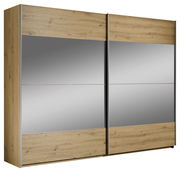 Zweiflügeliger Schwebetürenschrank mit Holz- und Spiegelelementen, seitliche Perspektive