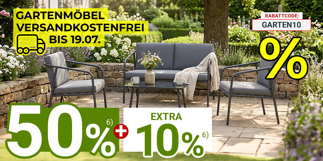 Gartenlounge mit Sofa, zwei Sesseln und Tisch auf sonniger Terrasse, Aktion: versandkostenfrei bis 19.07.