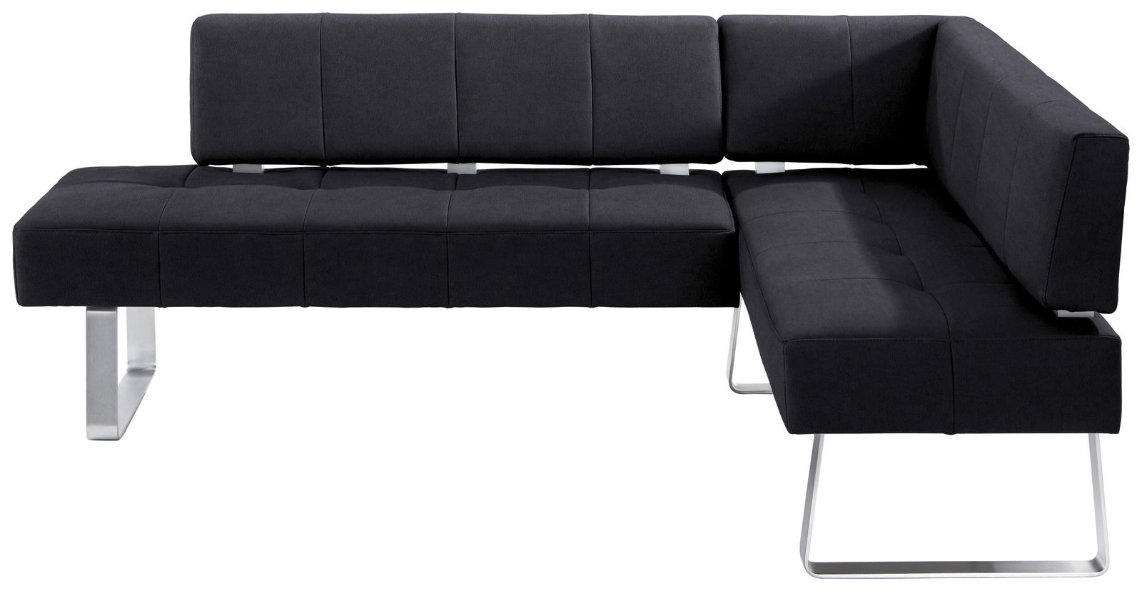 Moderne schwarze Eckbank mit Metallbeinen, seitliche Perspektive