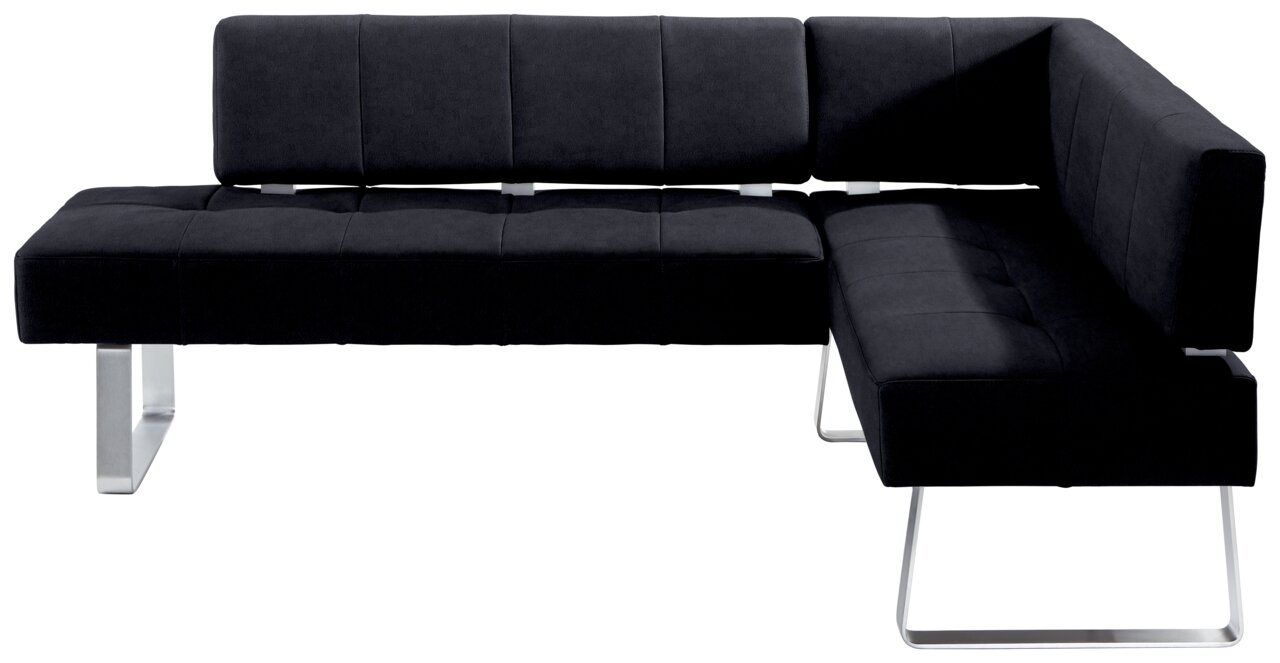 Moderne schwarze Eckbank mit Metallbeinen, seitliche Perspektive