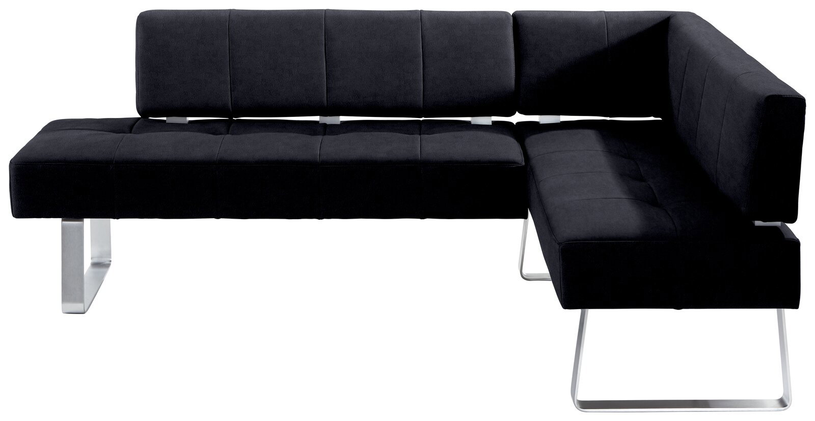 Moderne schwarze Eckbank mit Metallbeinen, seitliche Perspektive