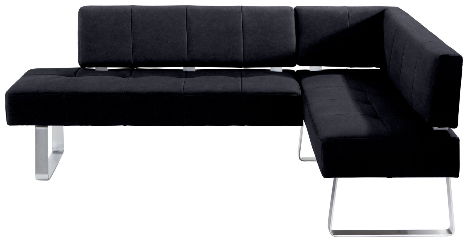 Moderne schwarze Eckbank mit Metallbeinen, seitliche Perspektive
