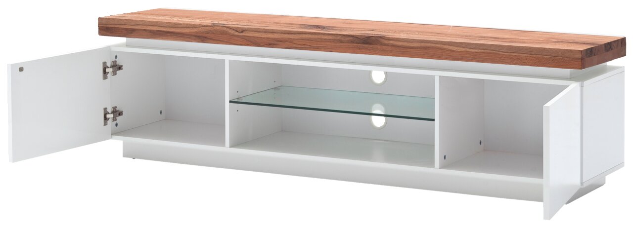 TV-Lowboard mit weißem Korpus und Holzplatte, offene Türen, Glasregal in der Mitte, frontale Perspektive