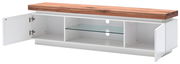 TV-Lowboard mit weißem Korpus und Holzplatte, offene Türen, Glasregal in der Mitte, frontale Perspektive