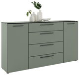 XL-Sideboard in modernem Design mit grüner Oberfläche, vier Schubladen und zwei Türen, dekoriert mit Vasen und Pflanzen, seitliche Perspektive