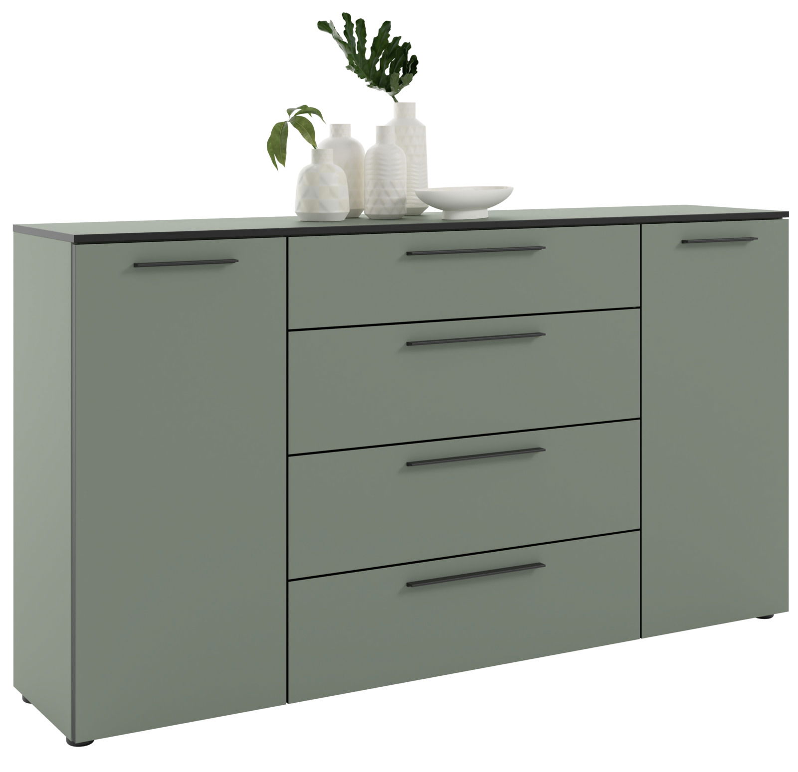 XL-Sideboard in modernem Design mit grüner Oberfläche, vier Schubladen und zwei Türen, dekoriert mit Vasen und Pflanzen, seitliche Perspektive