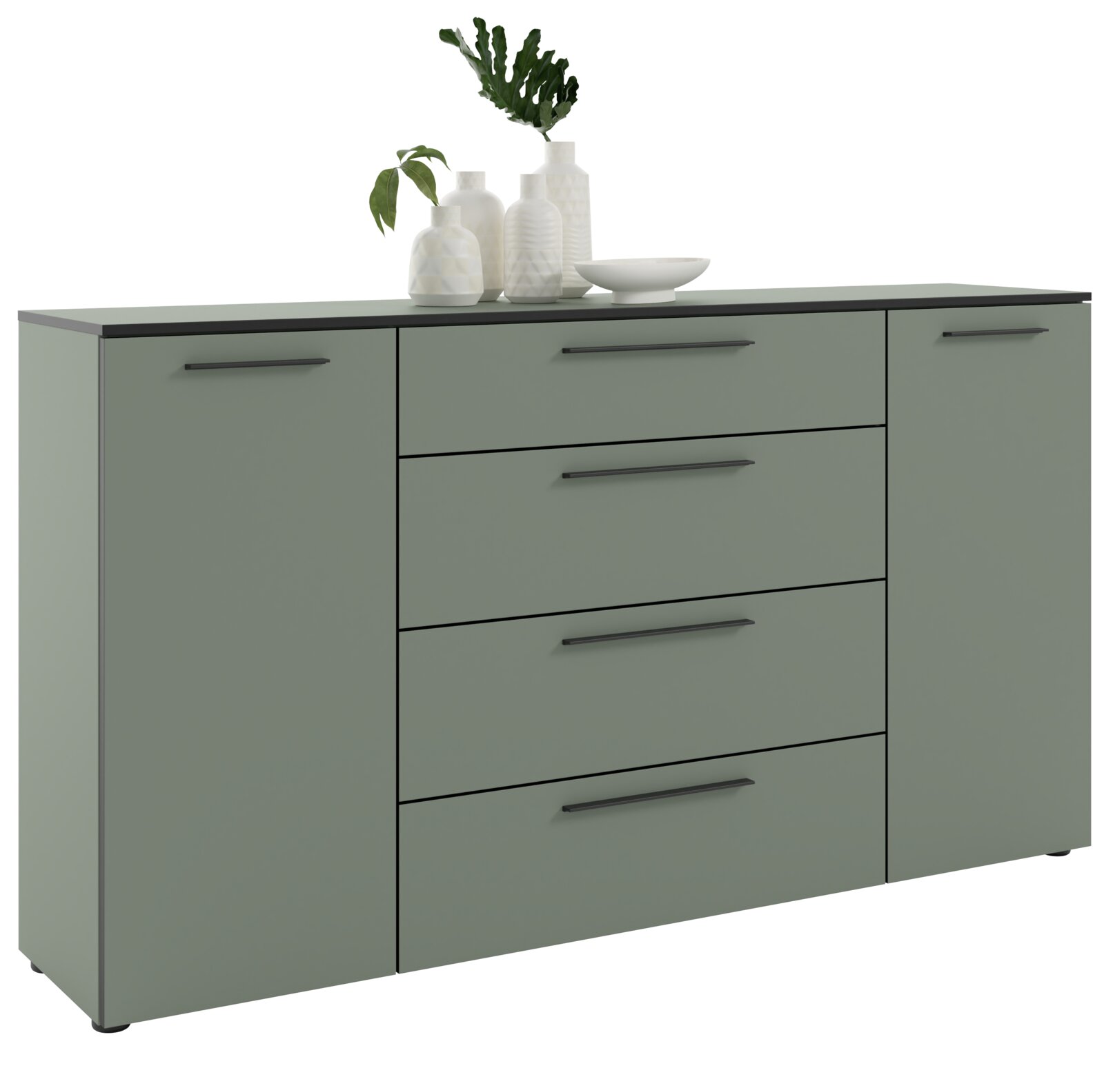 XL-Sideboard in modernem Design mit grüner Oberfläche, vier Schubladen und zwei Türen, dekoriert mit Vasen und Pflanzen, seitliche Perspektive
