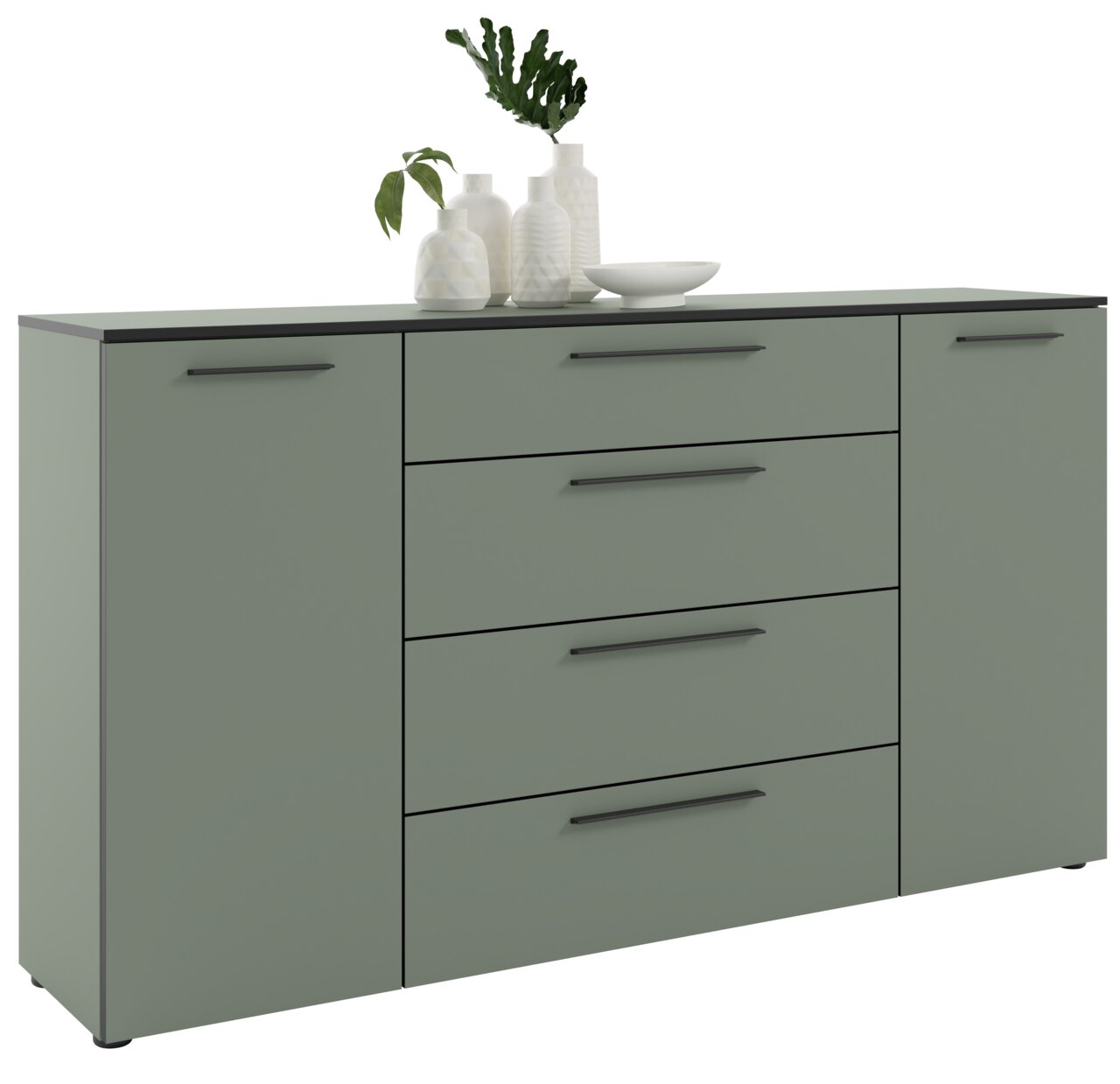XL-Sideboard in modernem Design mit grüner Oberfläche, vier Schubladen und zwei Türen, dekoriert mit Vasen und Pflanzen, seitliche Perspektive