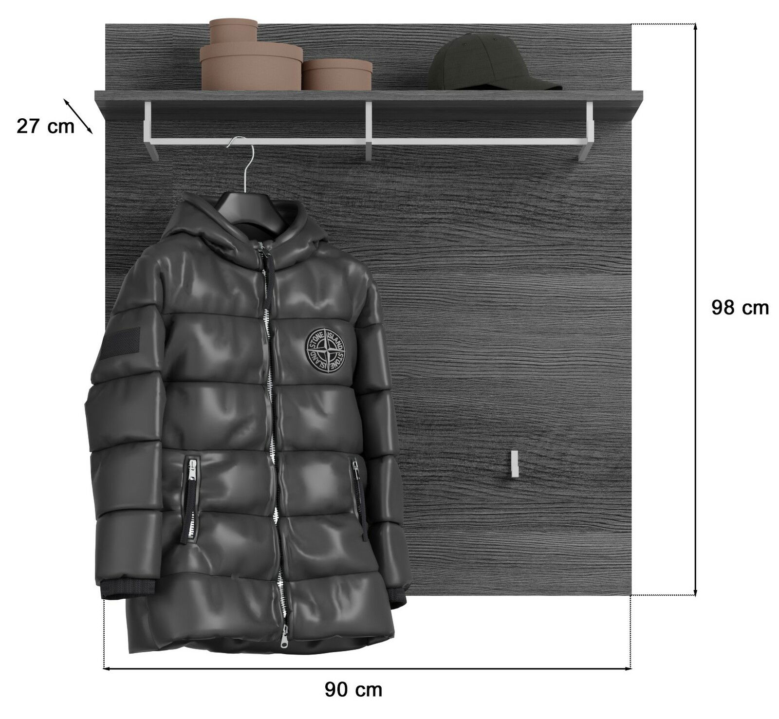 Garderoben-Set mit einer schwarzen Jacke, die an einem Haken hängt, und einer Ablage mit Hüten und Boxen, frontal betrachtet.