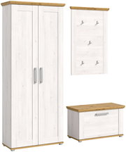 Garderobenkombination in heller Holzoptik mit Schrank, Wandpaneel mit Haken und Sitzbank, aus der Frontalperspektive.