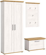 Garderobenkombination in heller Holzoptik mit Schrank, Wandpaneel mit Haken und Sitzbank, aus der Frontalperspektive.