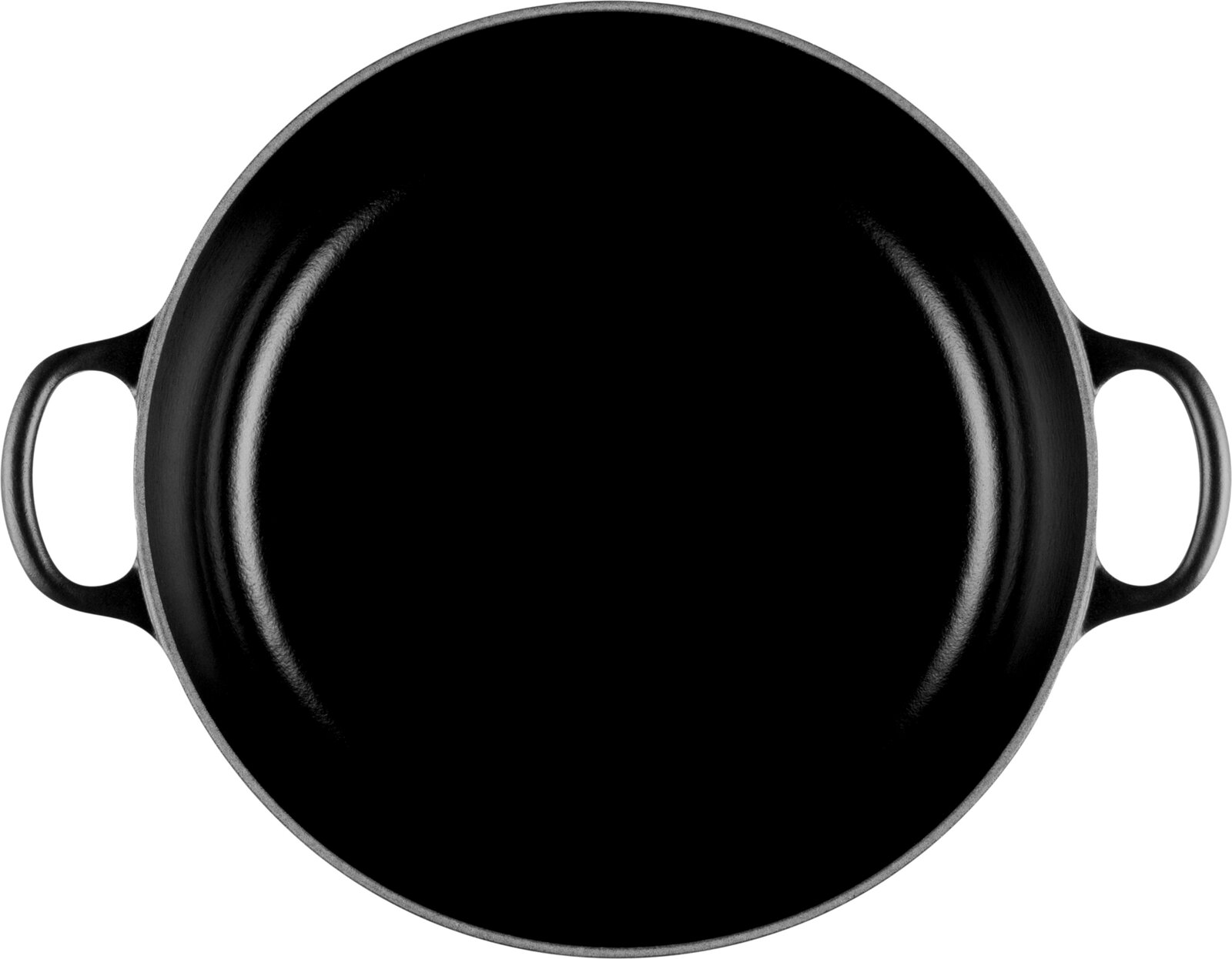 Zwarte ronde braadpan met twee handgrepen, van bovenaf gezien op een witte achtergrond