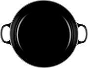 Zwarte ronde braadpan met twee handgrepen, van bovenaf gezien op een witte achtergrond