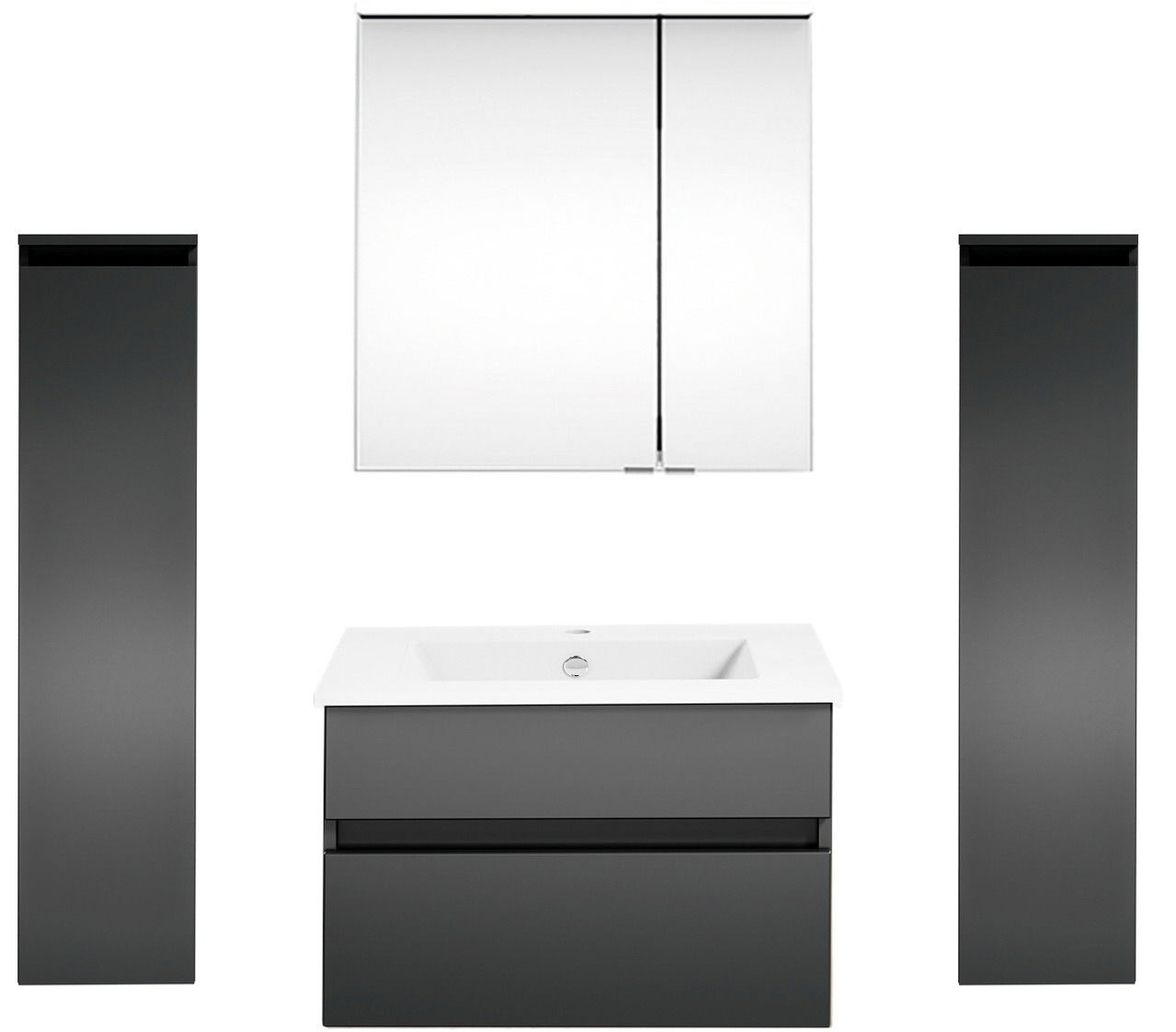 Puris Badkombination GET2YOU 21 Moderne Badkombination in dunklem Grau mit Spiegelschrank, Waschbeckenunterschrank und zwei hohen Seitenschränken, Frontalansicht