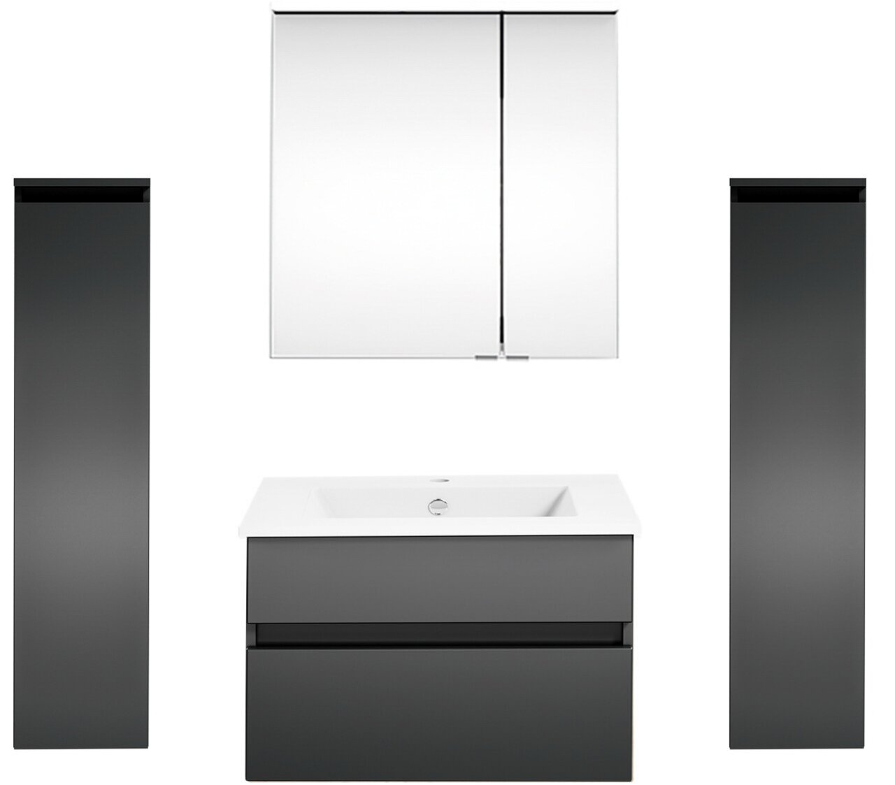 Moderne Badkombination in dunklem Grau mit Spiegelschrank, Waschbeckenunterschrank und zwei hohen Seitenschränken, Frontalansicht