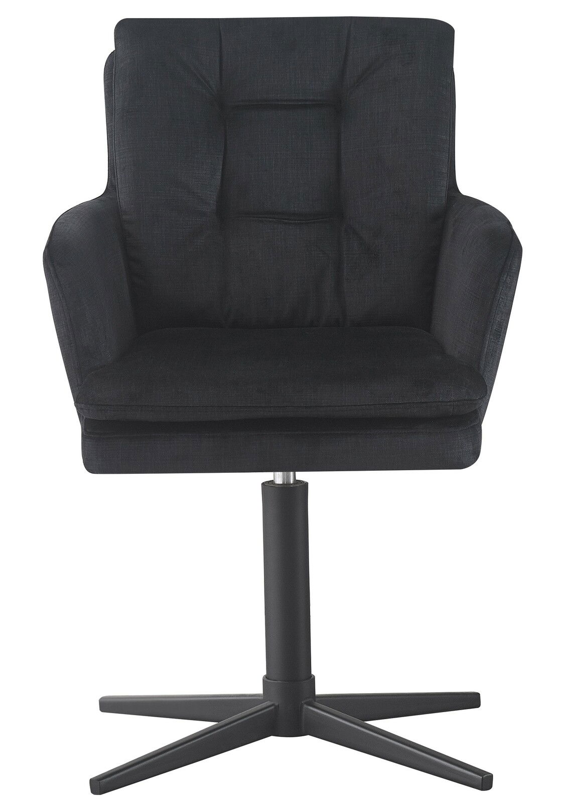 Schwarzer Armlehnstuhl mit gepolsterter Sitzfläche und Rückenlehne, Vorderansicht