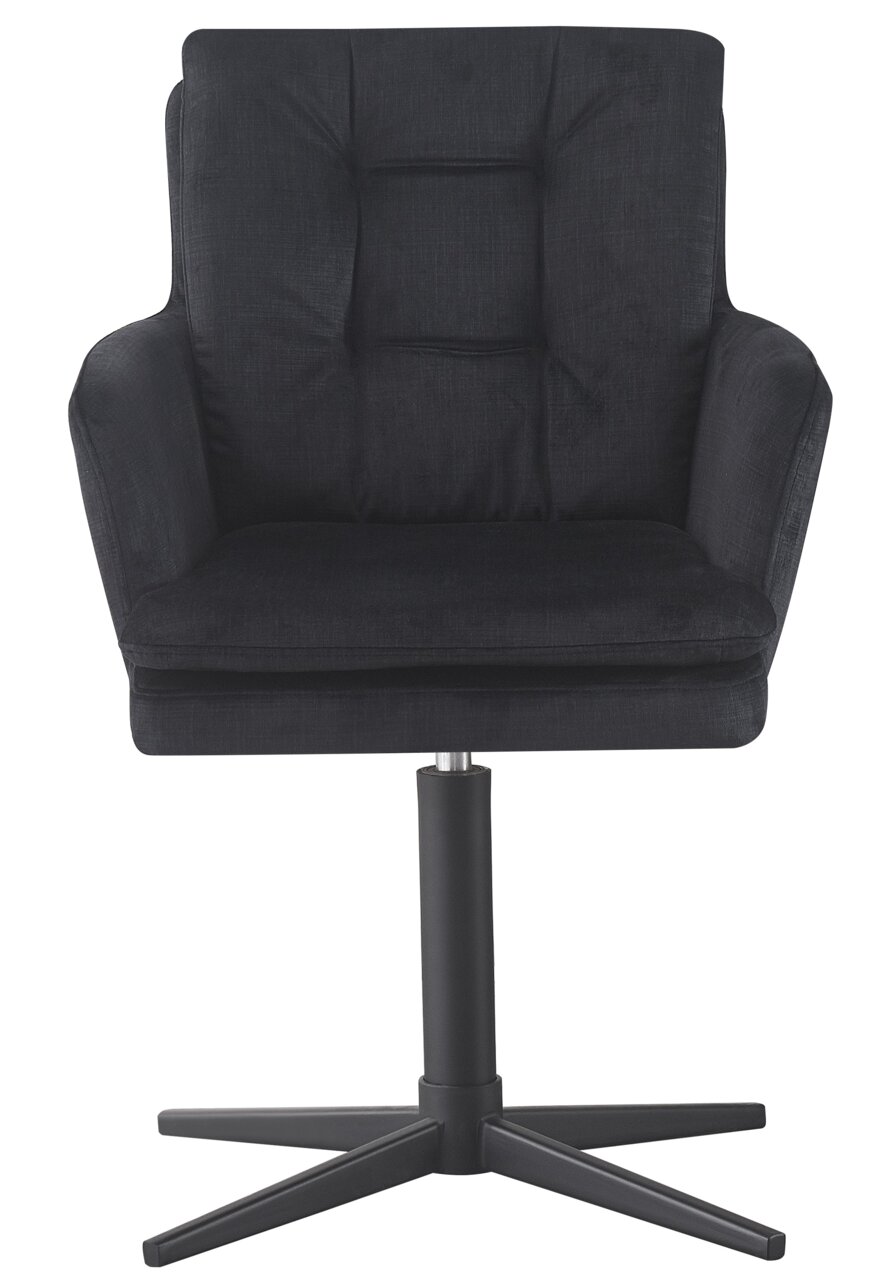 Zwarte fauteuil met gestoffeerde zitting en rugleuning, vooraanzicht