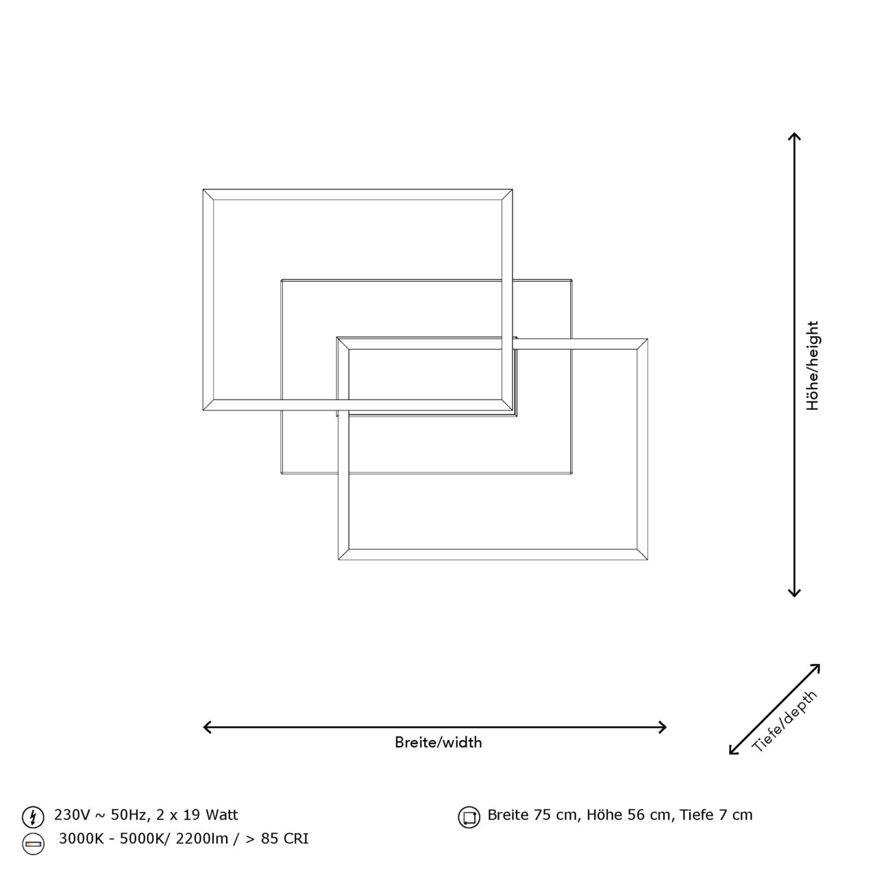 LED-Deckenleuchte in rechteckigem Design, Draufsicht, Maße 75 cm Breite, 56 cm Höhe, 7 cm Tiefe, 230V, 50Hz, 2 x 19 Watt, 3000K - 5000K, 2200lm, CRI > 85.