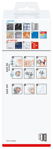 Verpackung des tesa Exxcellent Seifenspenders mit Anwendungsanweisungen und Materialkompatibilität, Vorderansicht