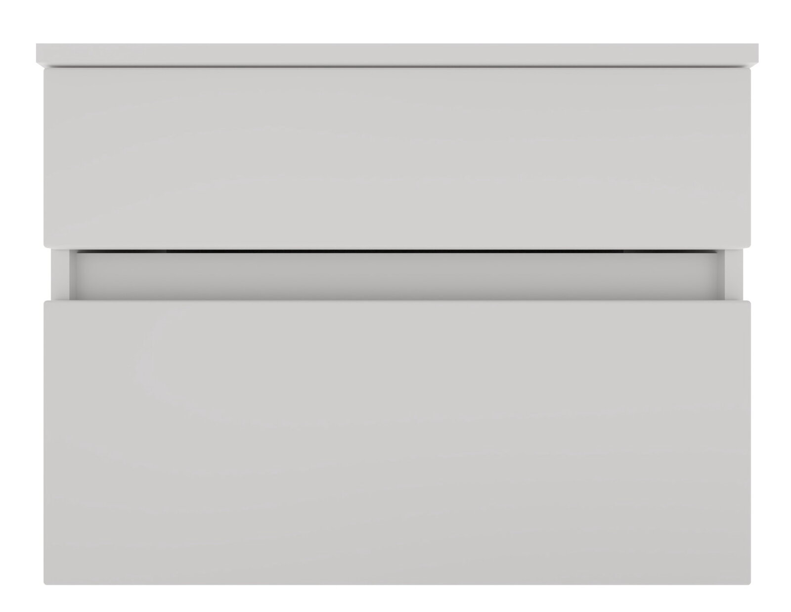 Moderner, grauer Unterschrank mit zwei Schubladen, Frontalansicht