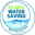 Rundes Logo mit der Aufschrift '15-60% Water Saving' und 'Watersaving System', mit Wasserwellen im Hintergrund, aus der Vorderansicht.