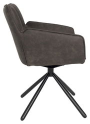 Seitenansicht eines modernen Armlehnstuhls mit schwarzem Metallgestell und dunkelgrauem Polster.