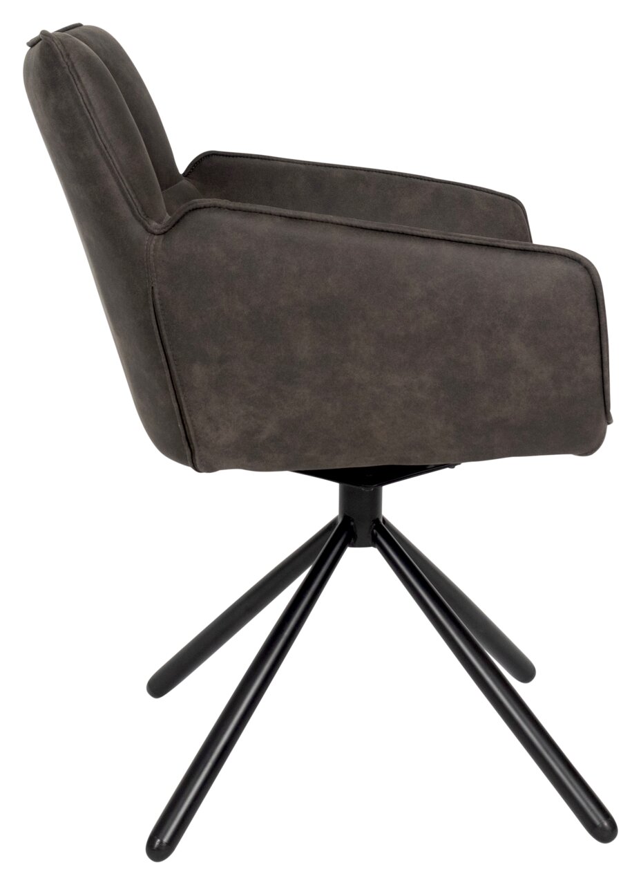 Seitenansicht eines modernen Armlehnstuhls mit schwarzem Metallgestell und dunkelgrauem Polster.