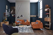 Wohnzimmer mit zwei orangefarbenen Sofas, modernem Design, von vorne betrachtet. Dekoriert mit blauen Kissen und einer Decke, umgeben von stilvollen Möbeln und Kunstwerken an der Wand.