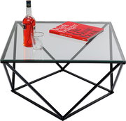 Moderner Beistelltisch mit Glasplatte und geometrischem Metallgestell, von oben fotografiert. Auf dem Tisch stehen eine Flasche, ein Glas und ein Buch.